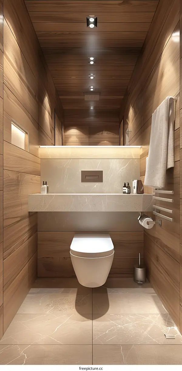 Modern Bathroom with Teak Wall and Marble Vanity