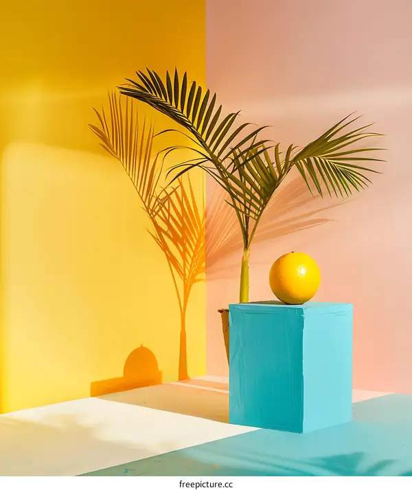 Palm Tree Shadow on Colorful Wall with Yellow Fruit
