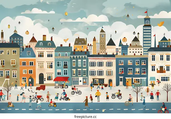 Colorful Illustration of a Cityscape with People Walking and Riding Bikes