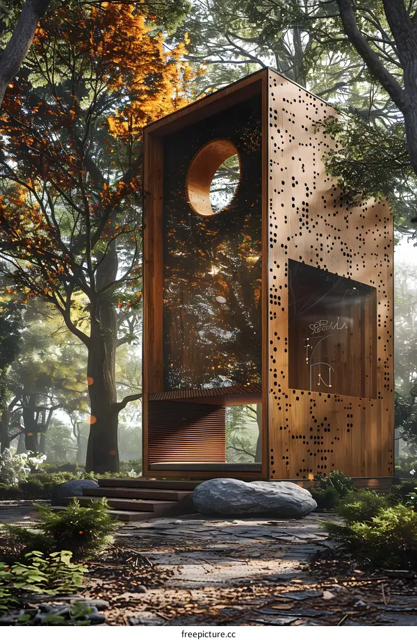 Wooden cabin in the middle of a lush forest