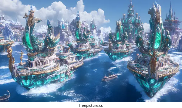 Fantasy Crystal Ships Sailing Through City