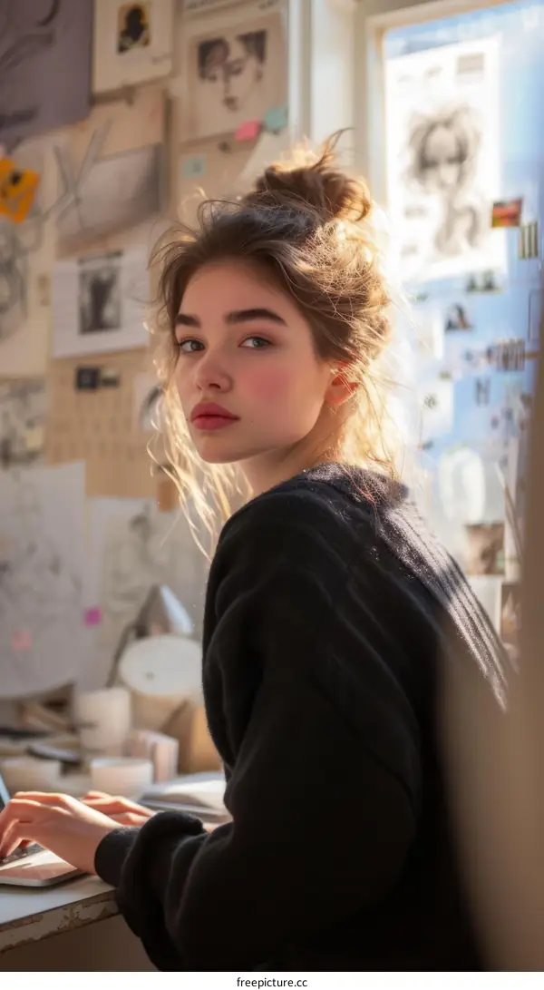 portrait of a young woman with brown hair and blue eyes wearing a black sweater