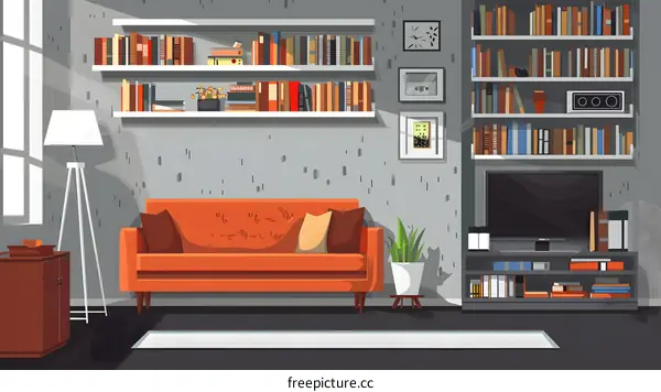 Modern Living Room Interior Design with Bookshelves and Orange Sofa