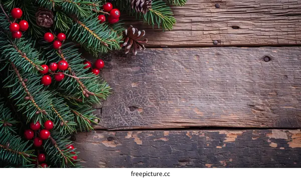Christmas rustic background with fir branches and red berries