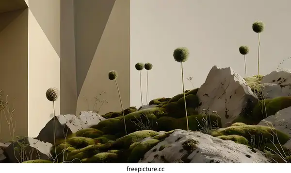 Minimalist Wall and Rocks With Greenery