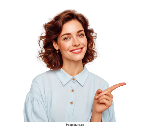 [Transparent Background PNG]Smiling Woman Pointing,  Light Blue Shirt,  Studio Portrait