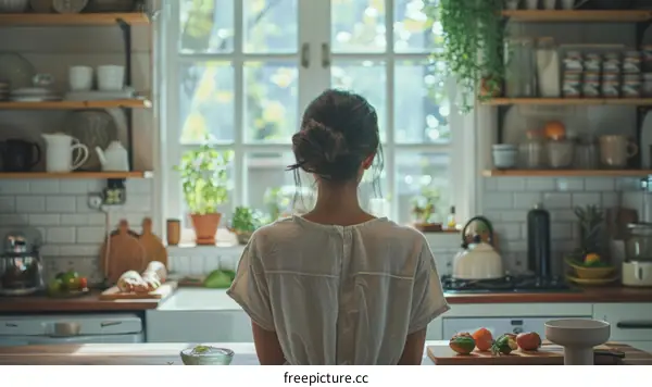 A woman standing in a kitchen looking out the window