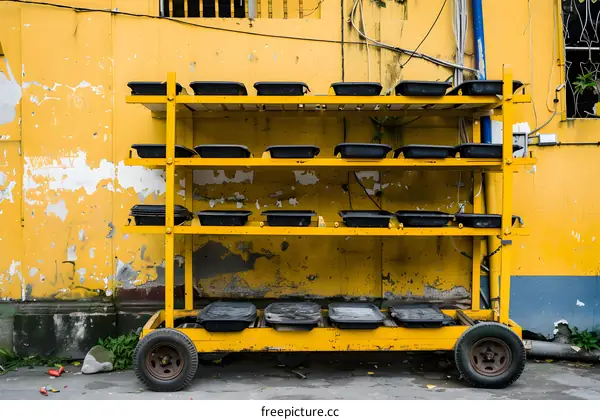Yellow Cart With Black Trays Against A Weathered Yellow Wall