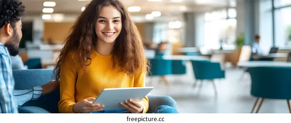 Young Woman Smiling at Camera Using Tablet While Sitting in a Modern Office