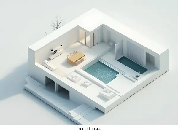 Minimalist 3D Model of a Modern House with a Swimming Pool