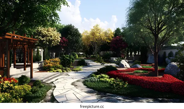 Stone Path Through Lush Green Garden