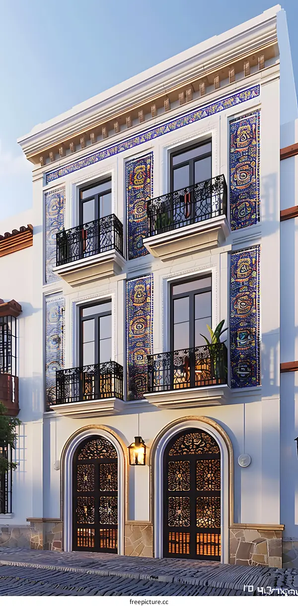 Exterior Design of White Building with Mosaic Tiles and Intricate Doors