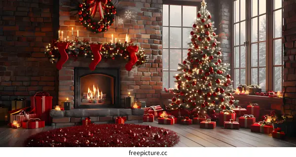Christmas tree by the fireplace