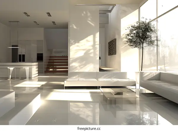 Modern Minimalist Living Room with White Walls and Large Windows