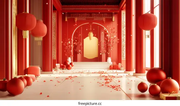 Chinese New Year Red Hall Interior Illustration