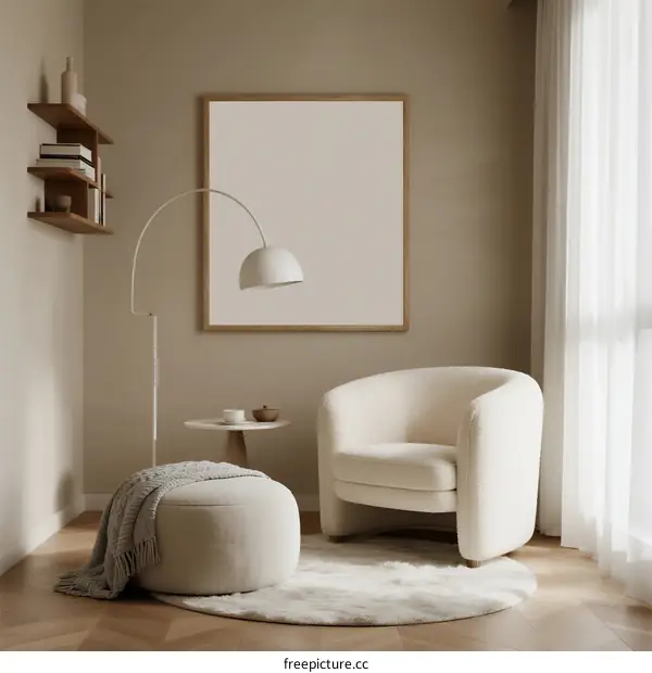 Minimalist Beige Living Room with White Armchair and Floor Lamp