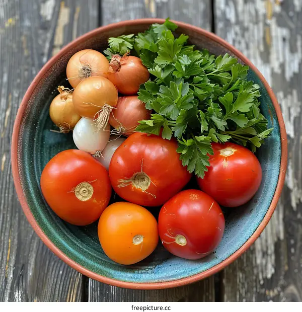A Bowl of Tomatoes, Onions, and Parsley