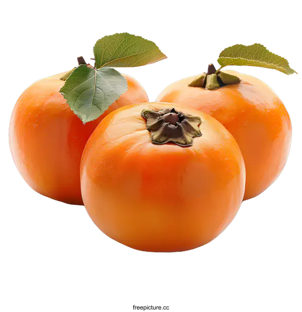 [Transparent Background PNG]Three persimmons with green leaves on a white background