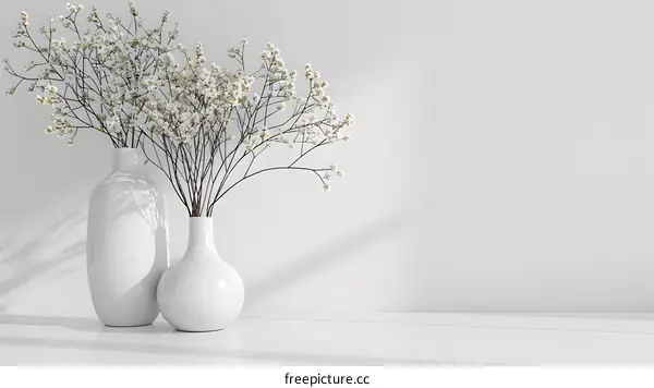 White Vases with Dried Flowers on Shelf Minimalist Background