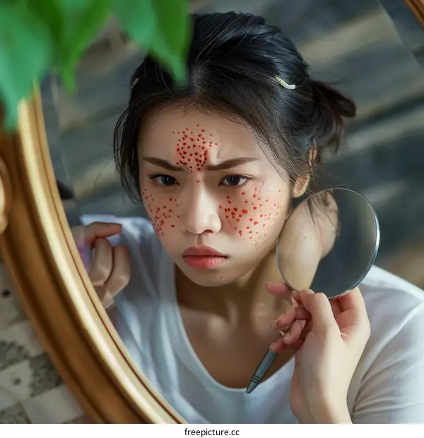 A young woman with acne looking in the mirror