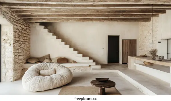Minimalist Beige Interior Design with Wooden Beams