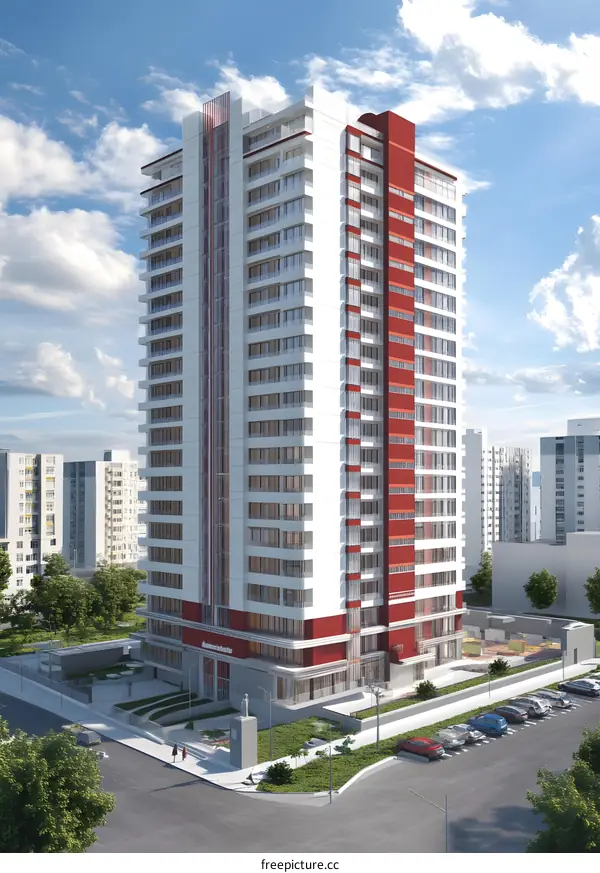 Modern White and Red High Rise Apartment Building Exterior Design