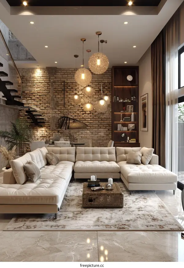 Modern Stylish Living Room with Brick Walls and Ample Natural Light