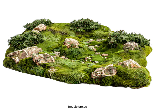[Transparent Background PNG]Green Mossy Ground with Rocks and Bushes Isolated on White Background