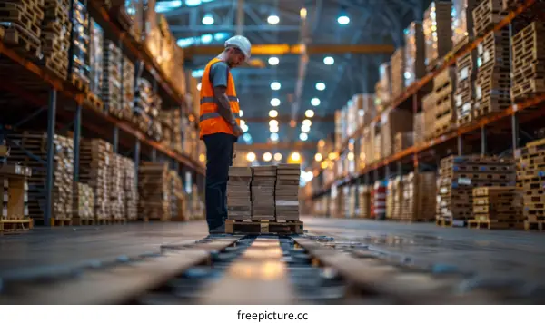 Warehouse worker operates a forklift in a large warehouse
