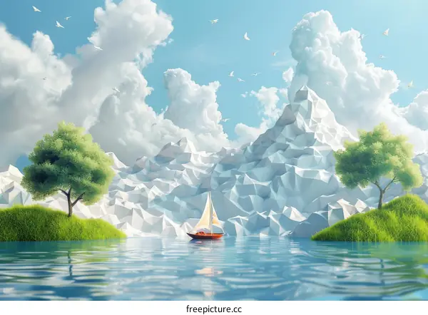 A boat floats on the calm lake with mountains in the background