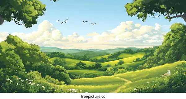 Green Hills Landscape Illustration with a Winding Path