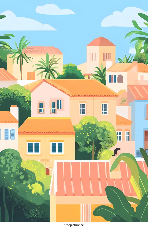 Summertime Mediterranean Village Illustration