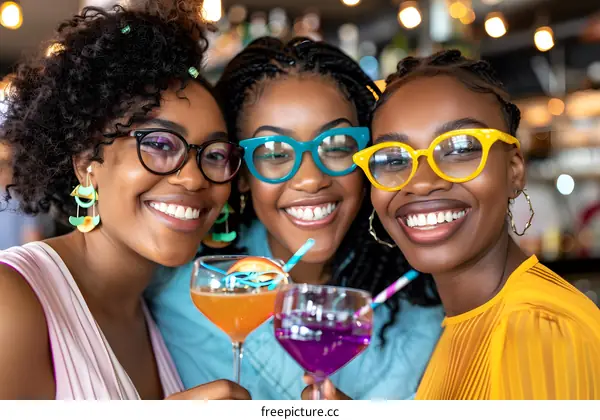 Three African American Women Friends Celebrating With Cocktails