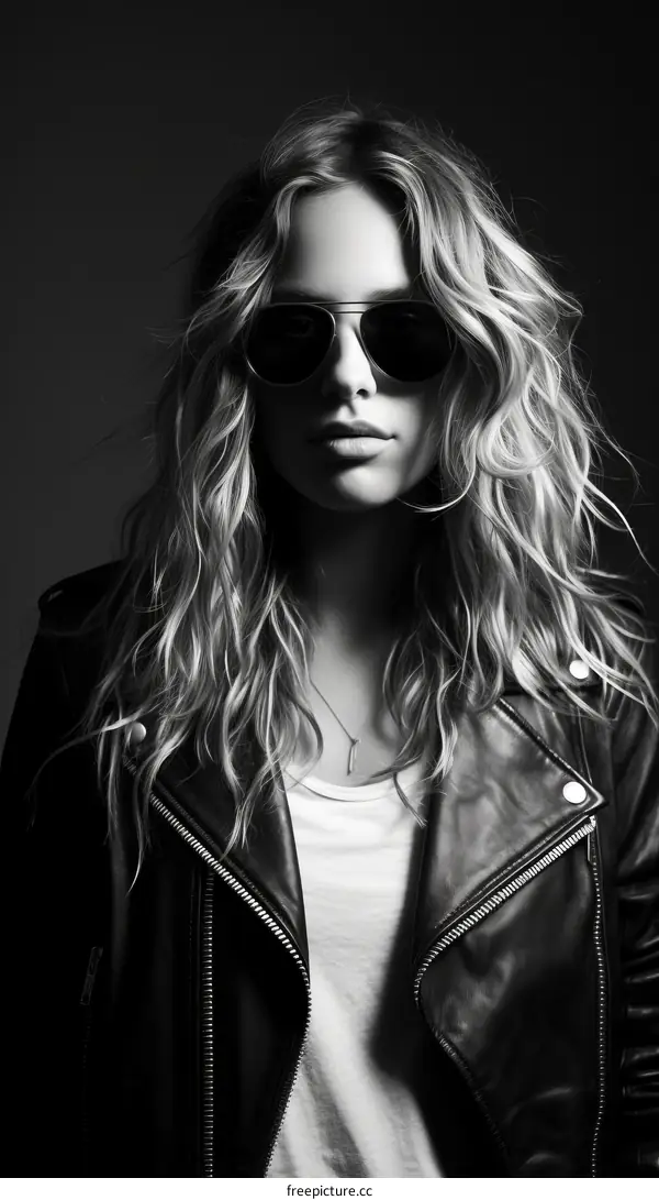 Black and white portrait of a young woman wearing sunglasses and a leather jacket