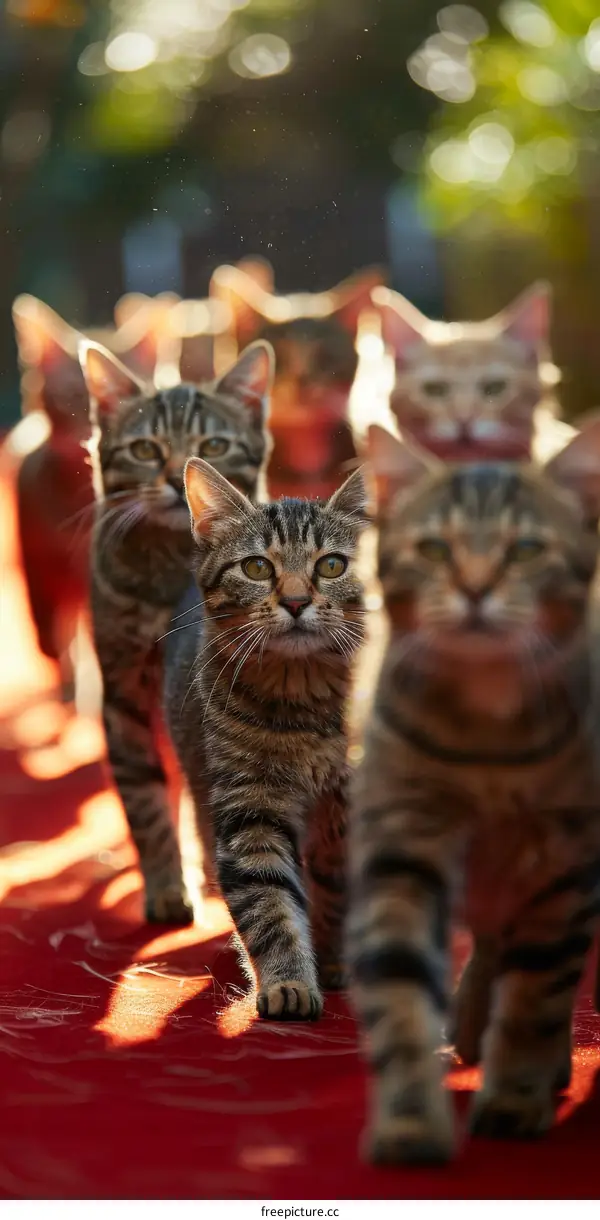A tabby cat walking on a red carpet with other cats in the background
