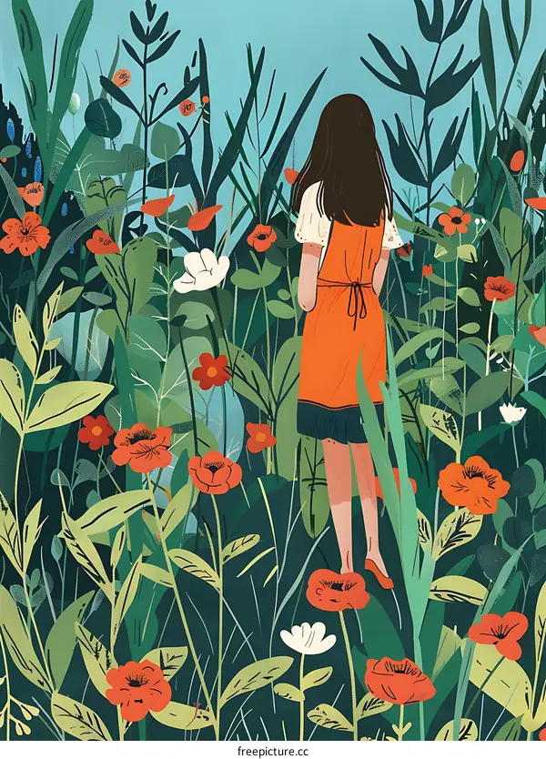 Woman Walking Through A Field Of Flowers