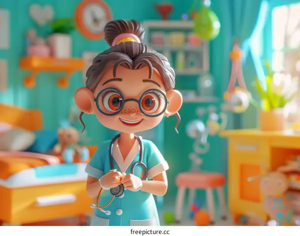 Cute Cartoon Girl Doctor Holding Stethoscope In Her Playroom