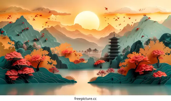 Paper Art of Mountains, Sunset and Pagoda