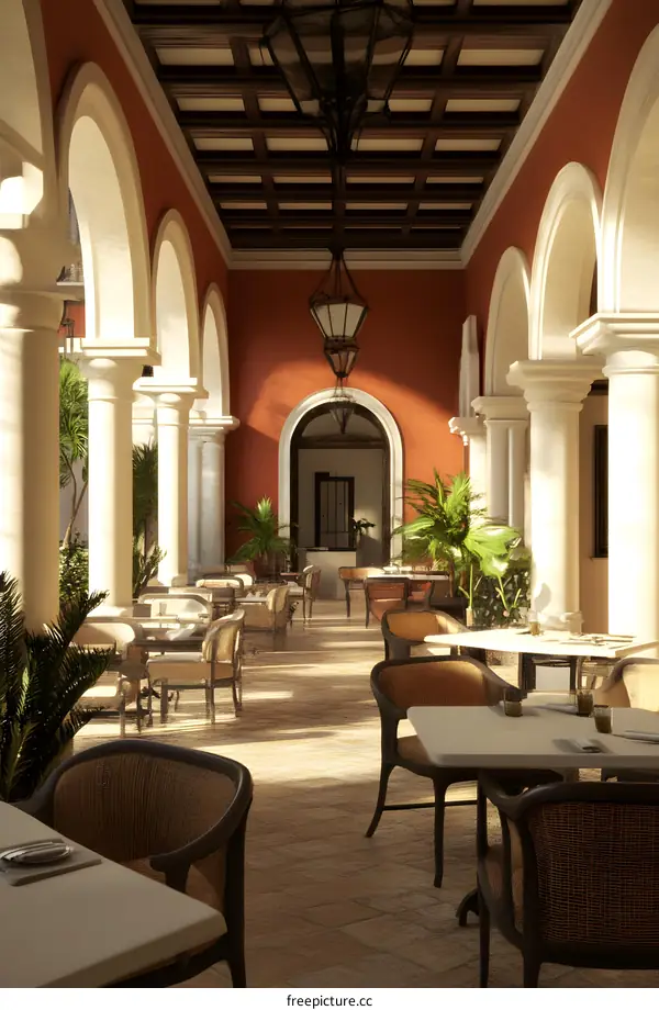 Beautiful Patio With Archways And Tables