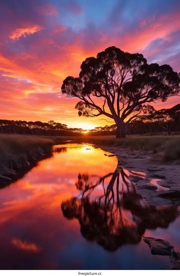 River in the outback of Australia reflecting the colors of the setting sun