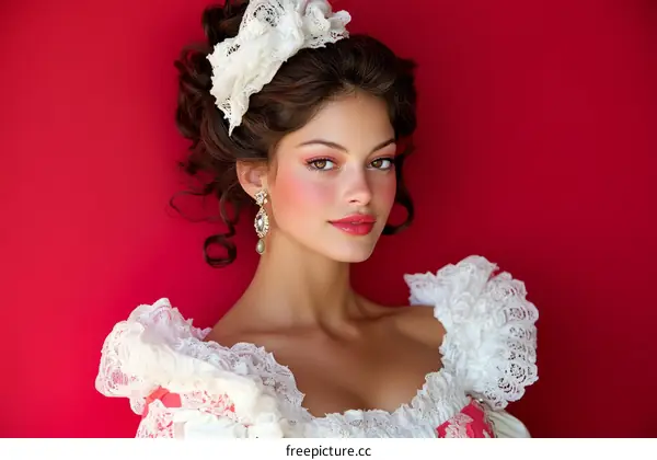Elegant Woman in Vintage Lace Dress against Red Background