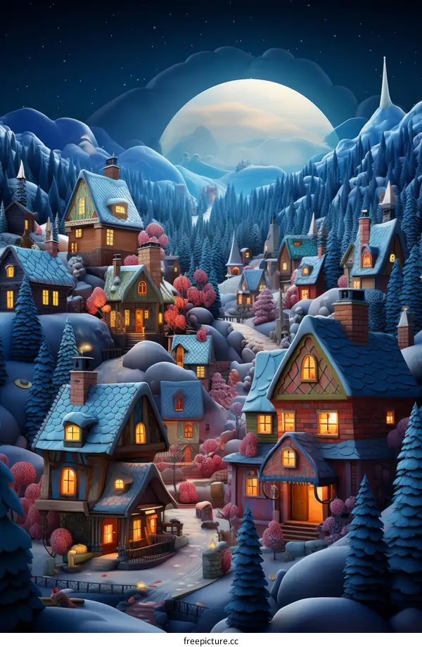 A Snowy Village in the Mountains under the Moonlit Night