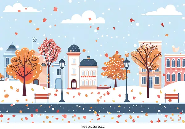 Winter Cityscape Illustration with Falling Snow and Autumn Leaves