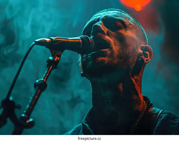 Singer on stage with smoke and blue and red lights