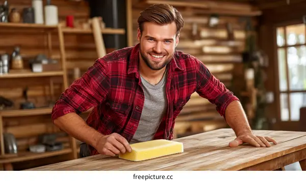 Carpenter Polishing Wood Table with Sponge