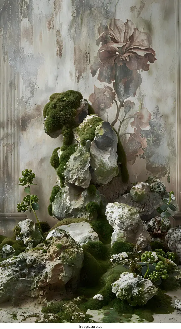 Green Moss Covered Rocks with Floral Mural Background