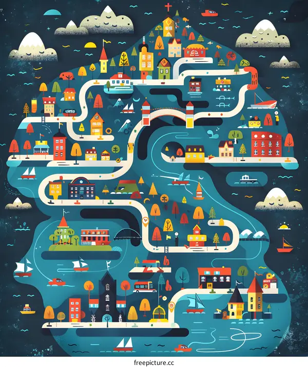 Colorful Illustration of a City on an Island