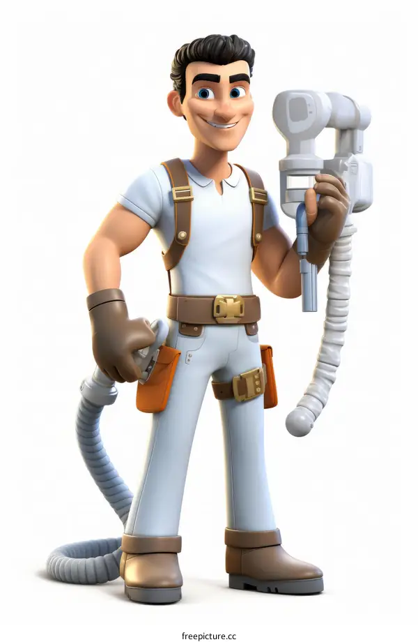 A cartoon image of a painter holding a paint sprayer