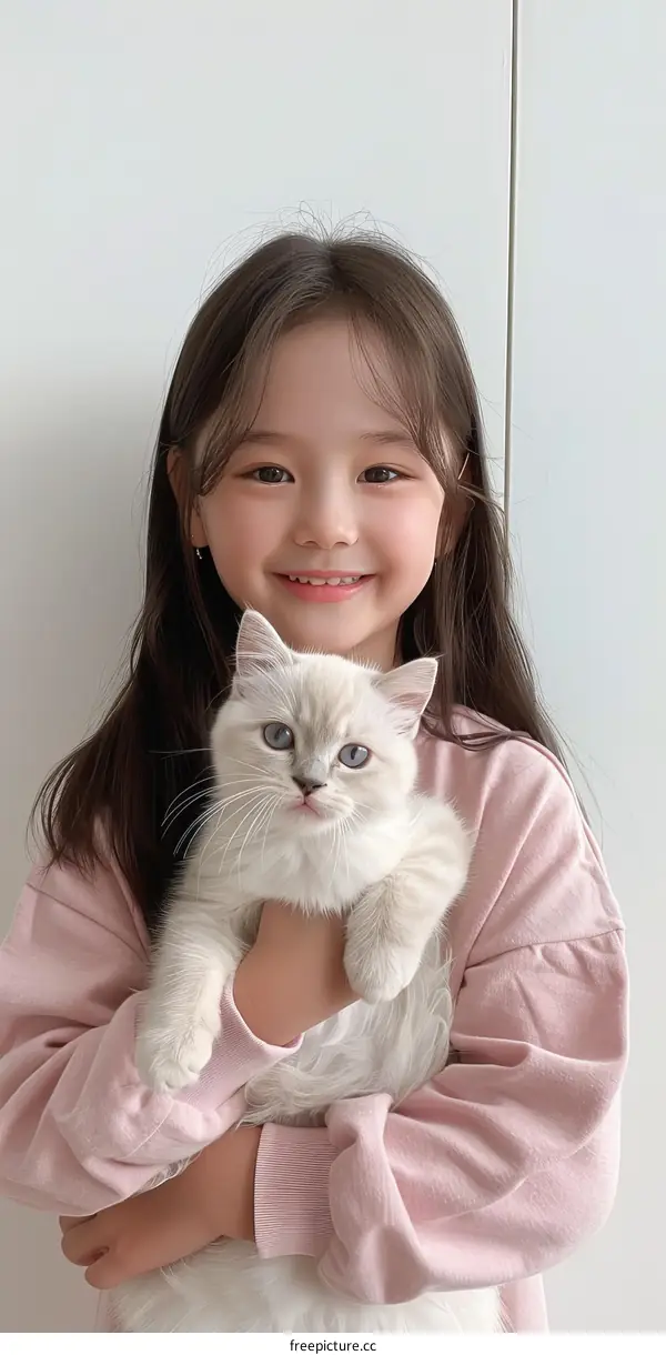 An adorable little Asian girl hugging a white cat
