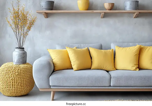 Modern Gray Sofa with Mustard Yellow Pillows